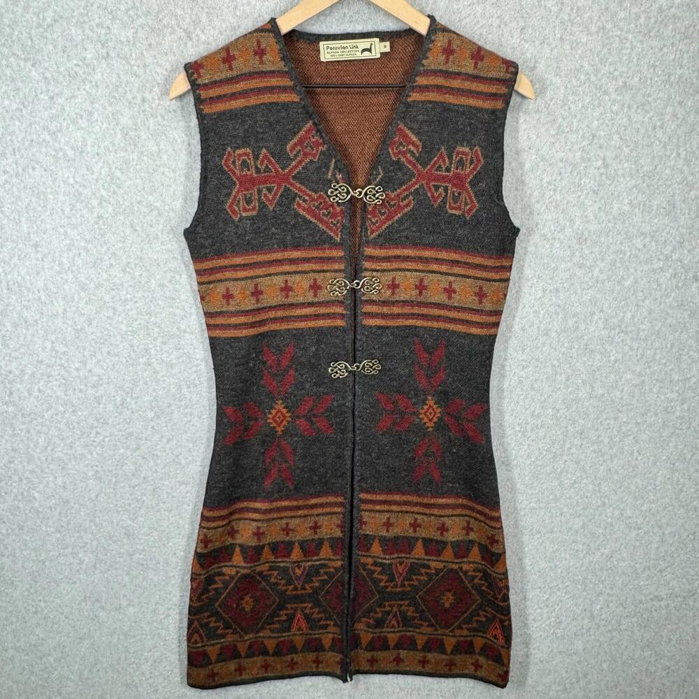 Peruvian Link 100% Baby Alpaca‎ Sleeveless Cardigan Dress Design Clasp Womens S